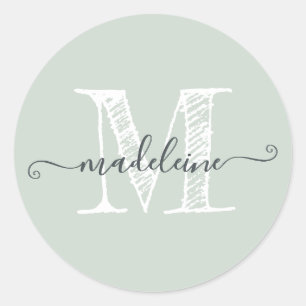 Modern Script Naam Monogram Initiaal Pastel Groen Ronde Sticker