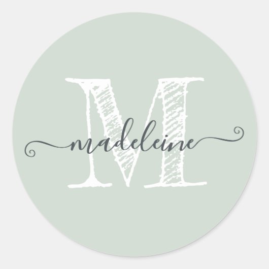 Modern Script Naam Monogram Initiaal Pastel Groen Ronde Sticker (Voorkant)