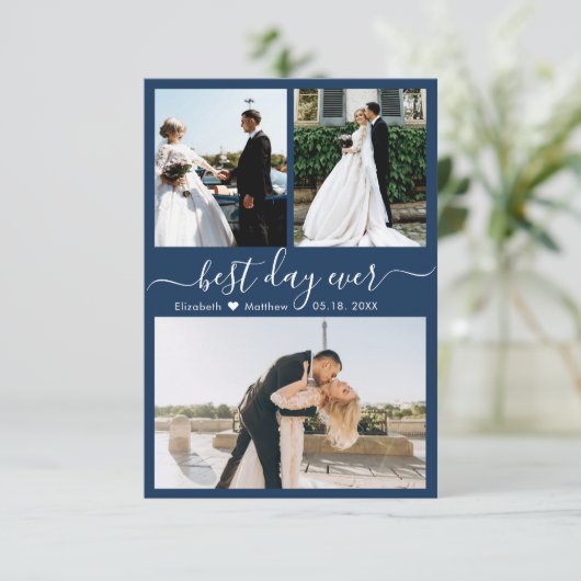 Modern Script Navy 3 Photo Collage Wedding Bedankkaart (Staand voorkant)