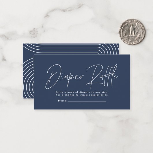 Modern script navy blue baby shower diaper raffle notitiekaartje (Voorkant / Achterkant in situ)