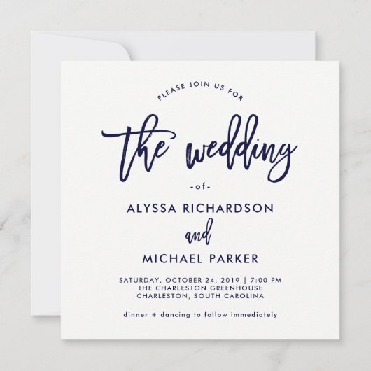 Modern script | Navy Blue bruiloft uitnodiging (Voorkant)