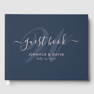 Modern Script Navy Blue en Blush Monogram Wedding Gastenboek