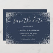 Modern Script Navy Blue en Silver Glitter Wedding Save The Date (Voorkant / Achterkant)