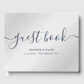 Modern Script Navy Blue en Silver Wedding Gastenboek (Voorkant)