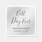 Modern Script Navy Blue en Silver Wedding Servet (Voorkant)