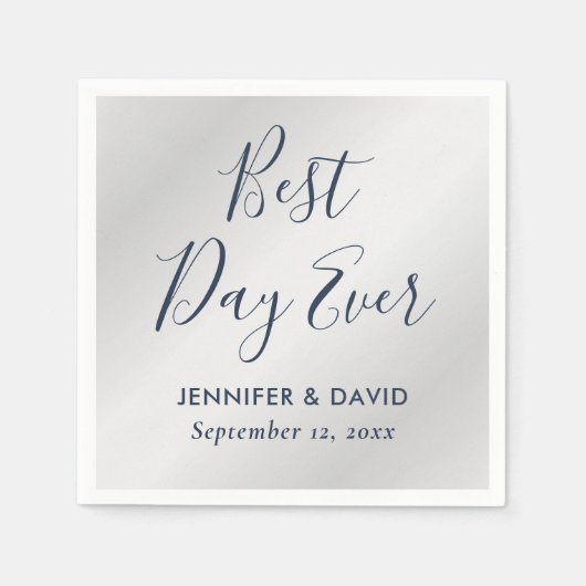 Modern Script Navy Blue en Silver Wedding Servet (Voorkant)
