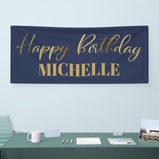 Modern Script Navy Blue Gold Happy Birthday Spandoek (Beurs)