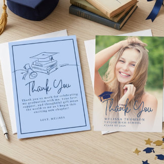 Modern Script Navy Blue Graduation Photo Bedankkaart