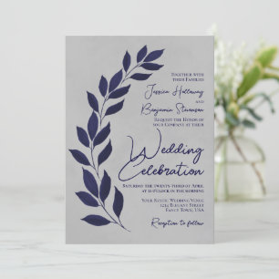 Modern Script Navy Blue Leaves op Grey Wedding Kaart