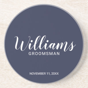 Modern Script Navy Blue Personalized Groomsman Zandsteen Onderzetter