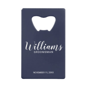 Modern Script Navy Blue Personalized Groomsmen Kredietkaart Flessenopener