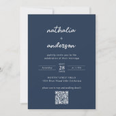 Modern Script Navy Blue Photo QR Code Wedding Kaart (Voorkant)