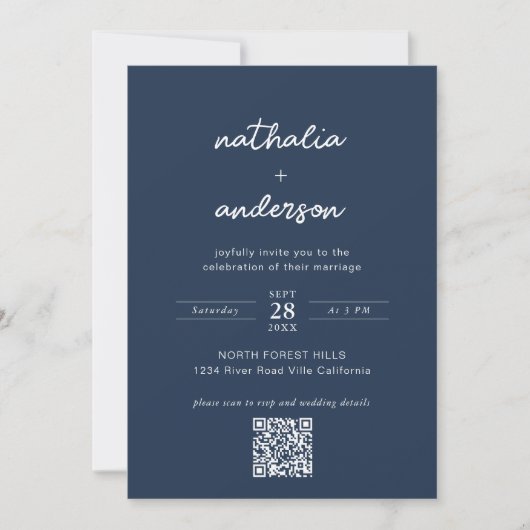 Modern Script Navy Blue Photo QR Code Wedding Kaart (Voorkant)