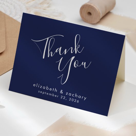 Modern Script Navy Blue Wedding Bedankt Kaart