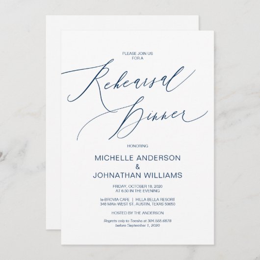 Modern Script, Navy Blue, Wedding Rehearsal Dinner Kaart (Voorkant / Achterkant)