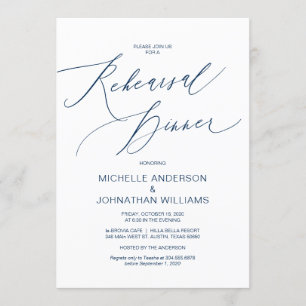 Modern Script, Navy Blue, Wedding Rehearsal Dinner Kaart