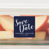 Modern Script Navy Blue Wedding Save the Date Labels (Aangebracht)