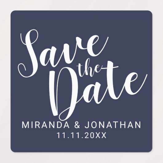 Modern Script Navy Blue Wedding Save the Date Labels (Design 1)