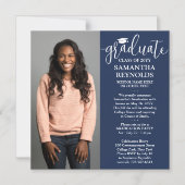 Modern Script Navy Blue & White 1 Foto Afstuderen Magnetische Uitnodiging (Voorkant)