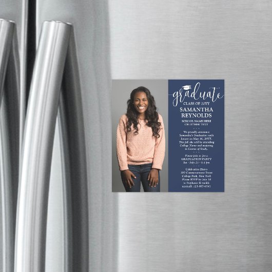 Modern Script Navy Blue & White 1 Foto Afstuderen Magnetische Uitnodiging