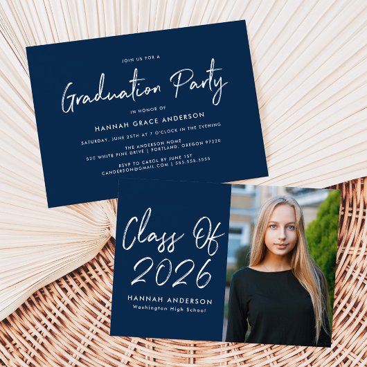 Modern Script Navy Class of 2025 Graduation Party Kaart