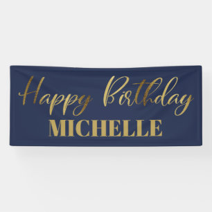 Modern Script Navyblauw Goud Gelukkig Verjaardag Spandoek