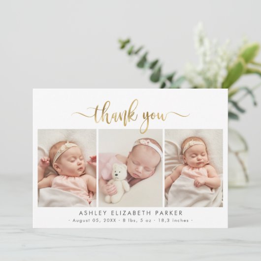 Modern Script Newborn Baby 3 foto dank u Bedankkaart (Staand voorkant)