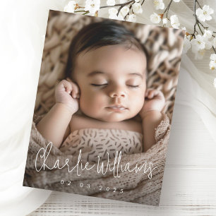 Modern script nieuwe baby dank u foto aankondiging