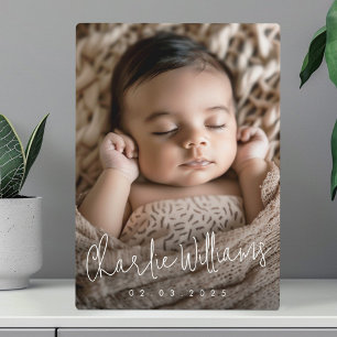 Modern script nieuwe baby naam datum foto fotoplaat
