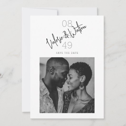Modern Script Numeric Date Black and White Photo Save The Date (Voorkant)