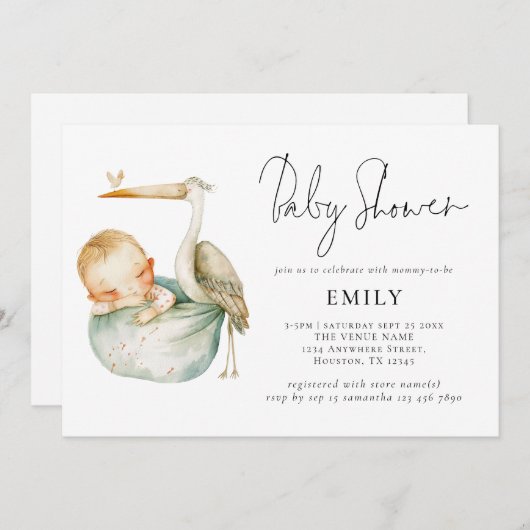 Modern Script Ooievaar en Baby shower Kaart (Voorkant / Achterkant)