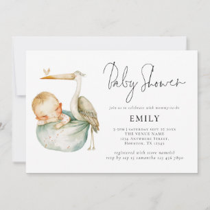 Modern Script Ooievaar en Baby shower Kaart