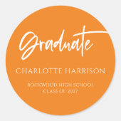 Modern Script Oranje Afstuderen Ronde Sticker (Voorkant)