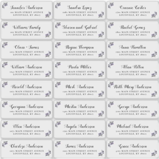 Modern Script Paarse Bloemen Gast Adresetiketten Sticker (Voorkant)
