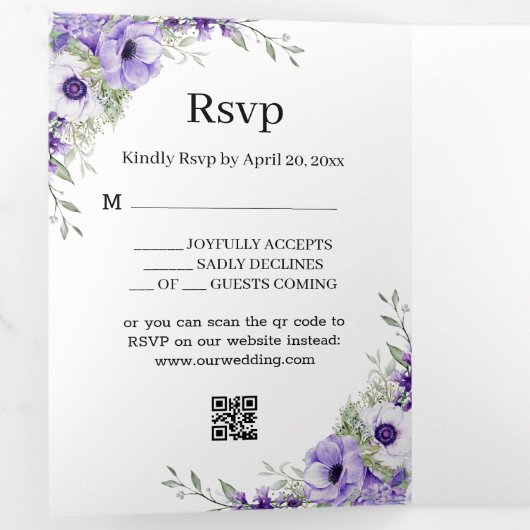 Modern script paarse bloemenfoto bruiloft stijlvol drieluik uitnodiging (Binnenzijde eerst)