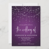 Modern Script Paarse String Lights QR Code Bruilof Kaart (Voorkant)