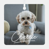 Modern Script Pet Photo Kerstmis Metalen Ornament (Voorkant)