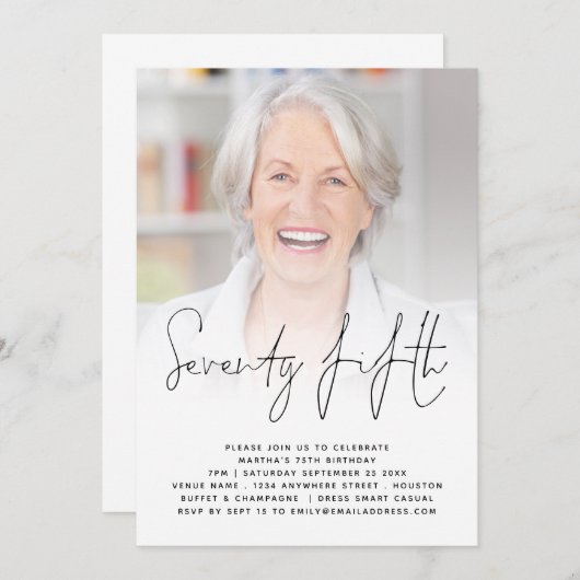 Modern Script Photo 75th Birthday Party Invitation Kaart (Voorkant / Achterkant)