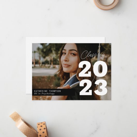 Modern Script Photo Afstuderen Notitiekaartje (Voorkant / Achterkant in situ)