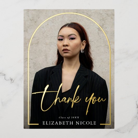 Modern Script Photo Arch Afstuderen Bedankt Folie Uitnodiging Briefkaart (Voorkant)