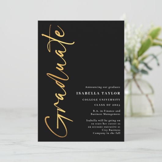 Modern Script Photo Black Gold 2025 Afstuderen Aankondiging (Staand voorkant)