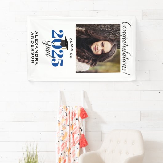 Modern Script Photo Blue Vertical Afstuderen Spandoek (Insitu)
