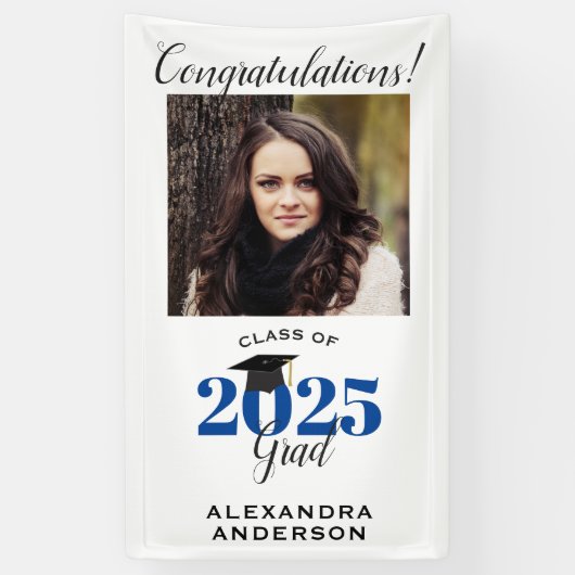 Modern Script Photo Blue Vertical Afstuderen Spandoek (Verticaal)