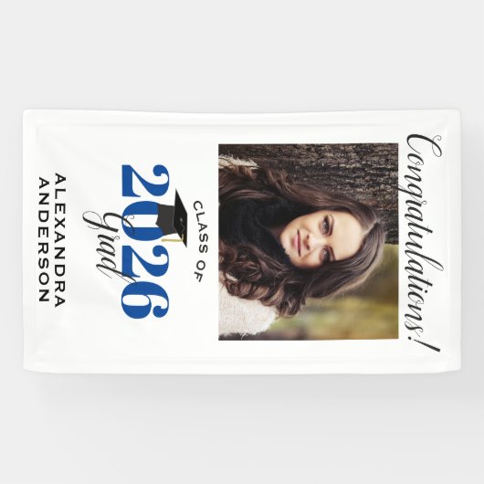 Modern Script Photo Blue Vertical Afstuderen Spandoek (Horizontaal)