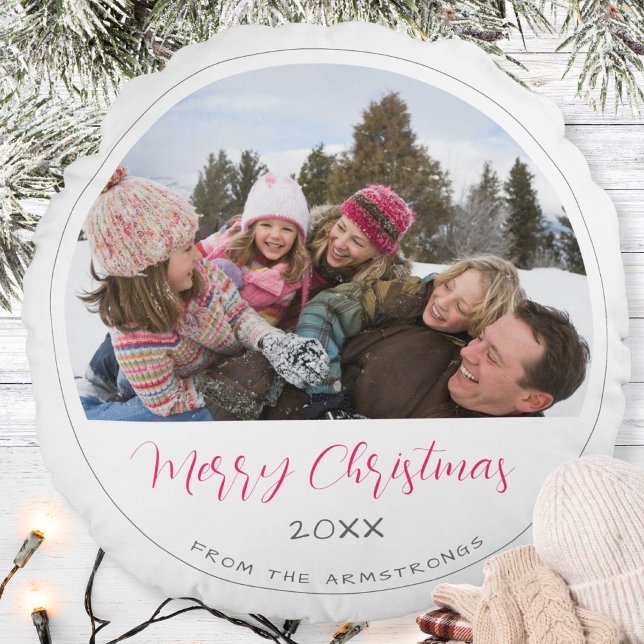 Modern Script Photo Christmas Keepsake Rond Kussen (Merry Christmas Script Family Photo Keepsake Round Pillow ©Susanne Sachers - Sunny Mind 🌞)