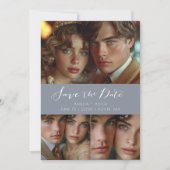 Modern Script Photo Collage Dusty Blue Save The Date (Voorkant)