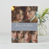 Modern Script Photo Collage Dusty Blue Save The Date (Staand voorkant)