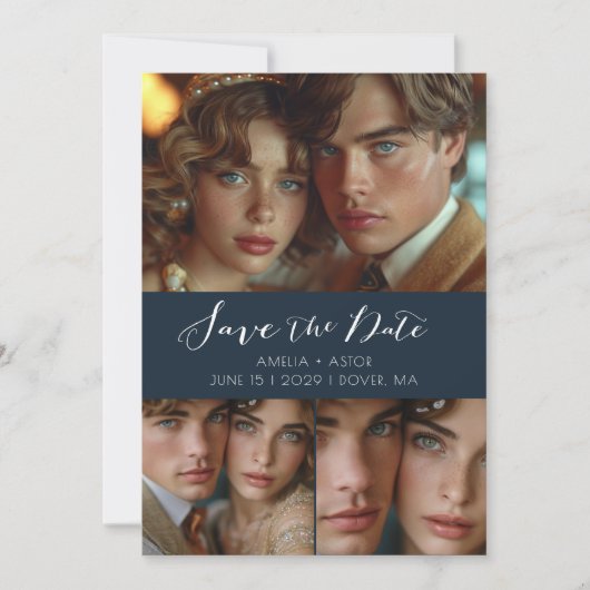Modern Script Photo Collage Dusty Blue Save The Date (Voorkant)