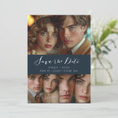 Modern Script Photo Collage Dusty Blue Save The Date (Staand voorkant)