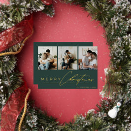 Modern Script Photo Collage Green Merry Christmas Folie Feestdagenkaart